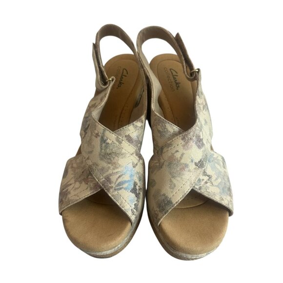 Clarks Giselle Cove Beige Floral Sandals Slingback Neutral Cork Wedges Size 11 - Picture 6 of 16